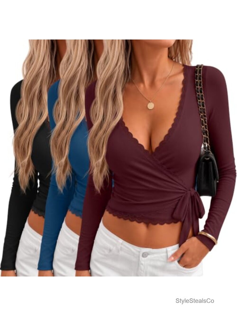 Women's Ballet Wrap Tops 3 Pack Lace Long Sleeve Pilates Yoga Crop Tops
